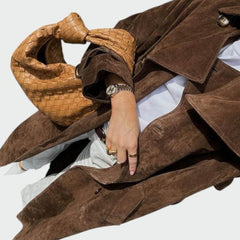 Elegant Brown Suede Trench Coat for Women with Notched Lapel Long Sleeve Belted Double Breasted Style