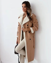 Cozy Trench Coat for Women with Notched Lapel Long Sleeve Double Breasted Faux Fur Lined Warm Style