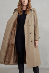 Cozy Winter Trench Coat for Women with Notched Lapel Long Sleeve Double Breasted Faux Fur Lined Long Style