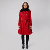 Elegant Winter Trench Coat for Women with Faux Fur Collar Long Sleeve Double Breasted Belted Fit and Flare Style