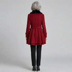 Elegant Winter Trench Coat for Women with Faux Fur Collar Long Sleeve Double Breasted Belted Fit and Flare Style