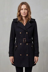 Cozy Winter Trench Coat for Women with Hooded Collar Long Sleeve Double Breasted Belted Style
