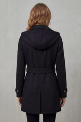 Cozy Winter Trench Coat for Women with Hooded Collar Long Sleeve Double Breasted Belted Style
