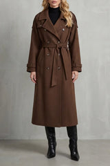 Effortless Brown Winter Trench Coat for Women with Notched Lapel Long Sleeve Double Breasted Oversized Style