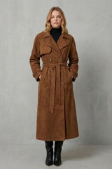 Cozy Brown Suede Trench Coat for Women with Notched Lapel Long Sleeve Double Breasted Belted Style