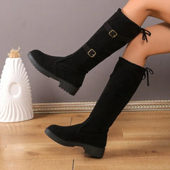Stylish Suede Black Boots for Women with Buckle Strap Knee High Block Heel Riding Style