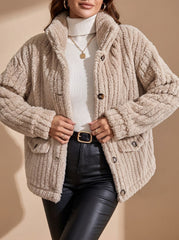 Cozy Beige Sherpa Fleece Jacket for Women with Collar Long Sleeve Button Front Oversized Style