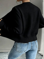 Chic Cropped Cardigan for Women with Round Neck Long Sleeve Cable Knit Gold Button Style