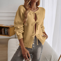 Cozy Knit Cardigan for Women with Tie Bow Front Long Sleeve V Neck Cropped Style