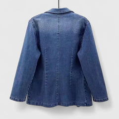 Chic Blue Denim Jacket for Women with Notched Lapel Long Sleeve Single Button Blazer Style
