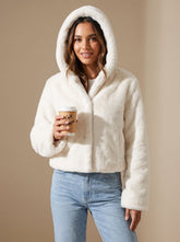 Cozy White Faux Fur Jacket for Women with Hooded Collar Long Sleeve Fluffy Cropped Zip Style
