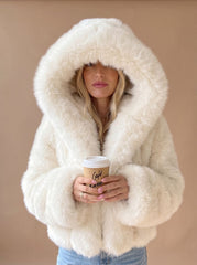 Cozy White Faux Fur Jacket for Women with Hooded Collar Long Sleeve Fluffy Cropped Zip Style