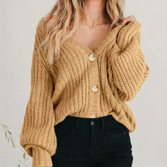 Cozy Chunky Cropped Cardigan for Women with V Neck Balloon Sleeve Button Front Oversized Style