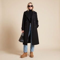 Elegant Navy Wool Trench Coat for Women with Double Breasted Belted Long Sleeve Longline Winter Style