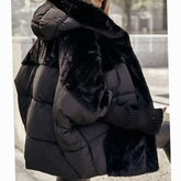 Cozy Winter Faux Fur Coat for Women with Hooded Collar Long Sleeve Quilted Puffer Oversized Style