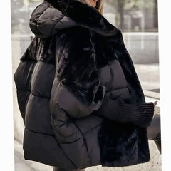 Cozy Winter Faux Fur Coat for Women with Hooded Collar Long Sleeve Quilted Puffer Oversized Style