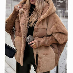 Cozy Winter Faux Fur Coat for Women with Hooded Collar Long Sleeve Quilted Puffer Oversized Style