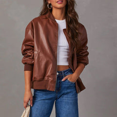 Stylish Brown Faux Leather Bomber Jacket for Women with Zip Front Ribbed Trim Relaxed Moto Style