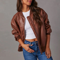 Stylish Brown Faux Leather Bomber Jacket for Women with Zip Front Ribbed Trim Relaxed Moto Style