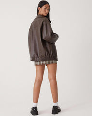 Effortless Brown Oversized Faux Leather Jacket for Women with Spread Collar Zip Front Relaxed Casual Style