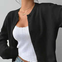 Cozy Cropped Cardigan for Women with Round Neck Long Sleeve Ribbed Trim Button Front Style