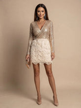 Elegant Sequin Cocktail Mini Dress for Women with Deep V-Neck Long Sleeve Fringe Christmas Holiday Party Style