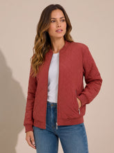 Cozy Diamond Quilted Bomber Jacket for Women with Ribbed Collar Long Sleeve Zip Winter Style