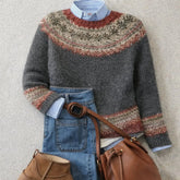 Comfortable Gray Fair Isle Knit Sweater for Women with Crew Neck Long Sleeve Ribbed Oversized Style