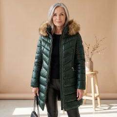 Cozy Green Puffer Coat for Women with Faux Fur Collar Quilted Long Sleeve Longline Winter Style