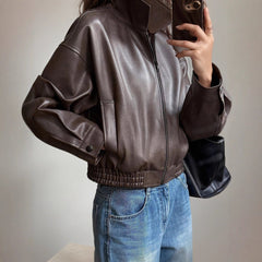 Effortless Brown Leather Jacket for Women with Stand Collar Long Sleeve Zip Up Bomber Style