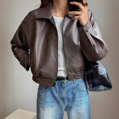 Effortless Brown Leather Jacket for Women with Stand Collar Long Sleeve Zip Up Bomber Style