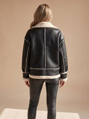 Cozy Faux Leather Shearling Aviator Jacket for Women with Stand Collar Long Sleeve Buckle Zip Style