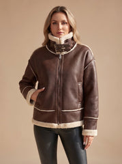 Cozy Faux Leather Shearling Aviator Jacket for Women with Stand Collar Long Sleeve Buckle Zip Style