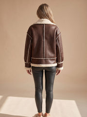 Cozy Faux Leather Shearling Aviator Jacket for Women with Stand Collar Long Sleeve Buckle Zip Style