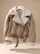 Cozy Faux Suede Shearling Aviator Jacket for Women with Notch Collar Long Sleeve Belted Asymmetric Zip Style