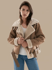 Cozy Faux Suede Shearling Aviator Jacket for Women with Notch Collar Long Sleeve Belted Asymmetric Zip Style
