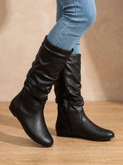 Chic Faux Leather Knee High Boots for Women with Gathered Shaft Side-Zip Flat Heel Pointed-Toe Style