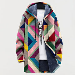 Cozy Geometric Print Oversized Cardigan Sweater for Women with Hooded Long Sleeve Fleece Lined Relaxed Style