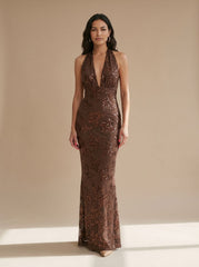 Elegant Floral Sequin Wedding Guest Gown for Women with Halter Deep-V Floor-Length Fall Formal Style