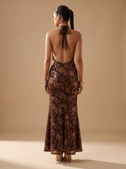 Elegant Floral Sequin Wedding Guest Gown for Women with Halter Deep-V Floor-Length Fall Formal Style