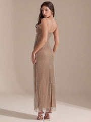 Elegant Champagne Rhinestone Wedding Guest Gown for Women with Scoop Neck Spaghetti-Strap Bodycon Floor-Length Style