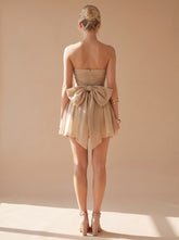 Elegant Glitter Cocktail Mini Dress for Women with Strapless Bustier Ruched Flared Christmas Party Style
