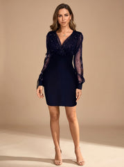 Elegant Glitter Cocktail Mini Dress for Women with V-Neck Long Sleeve Mesh Bodycon Holiday Party Style