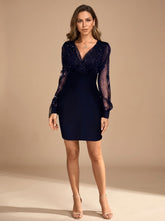Elegant Glitter Cocktail Mini Dress for Women with V-Neck Long Sleeve Mesh Bodycon Holiday Party Style