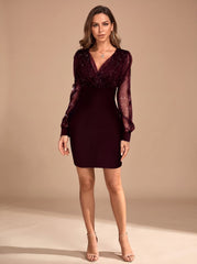 Elegant Glitter Cocktail Mini Dress for Women with V-Neck Long Sleeve Mesh Bodycon Holiday Party Style