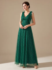 Elegant Glitter Tulle Wedding Guest Gown for Women with V-Neck Sleeveless Pleated Floor-Length Formal Style