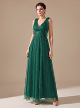 Elegant Glitter Tulle Wedding Guest Gown for Women with V-Neck Sleeveless Pleated Floor-Length Formal Style
