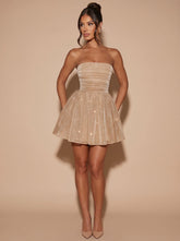Elegant Gold Glitter Cocktail Mini Dress for Women with Strapless Flared Ruched Christmas Holiday Party Style