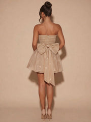 Elegant Gold Glitter Cocktail Mini Dress for Women with Strapless Flared Ruched Christmas Holiday Party Style