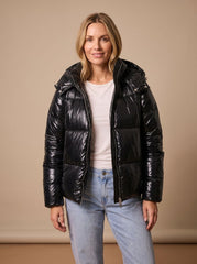 Cozy Glossy Puffer Jacket for Women with Hooded Collar Long Sleeve Quilted Zip Winter Style